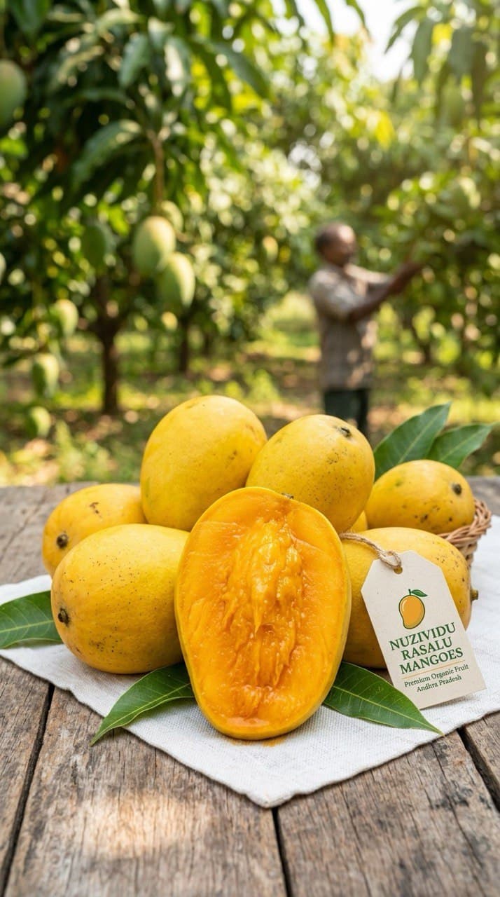 Freshly sliced Nuzividu Rasalu Mangoes in a basket